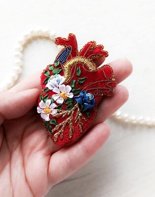 Anatomical heart brooch for women Flower heart pin Embroidered