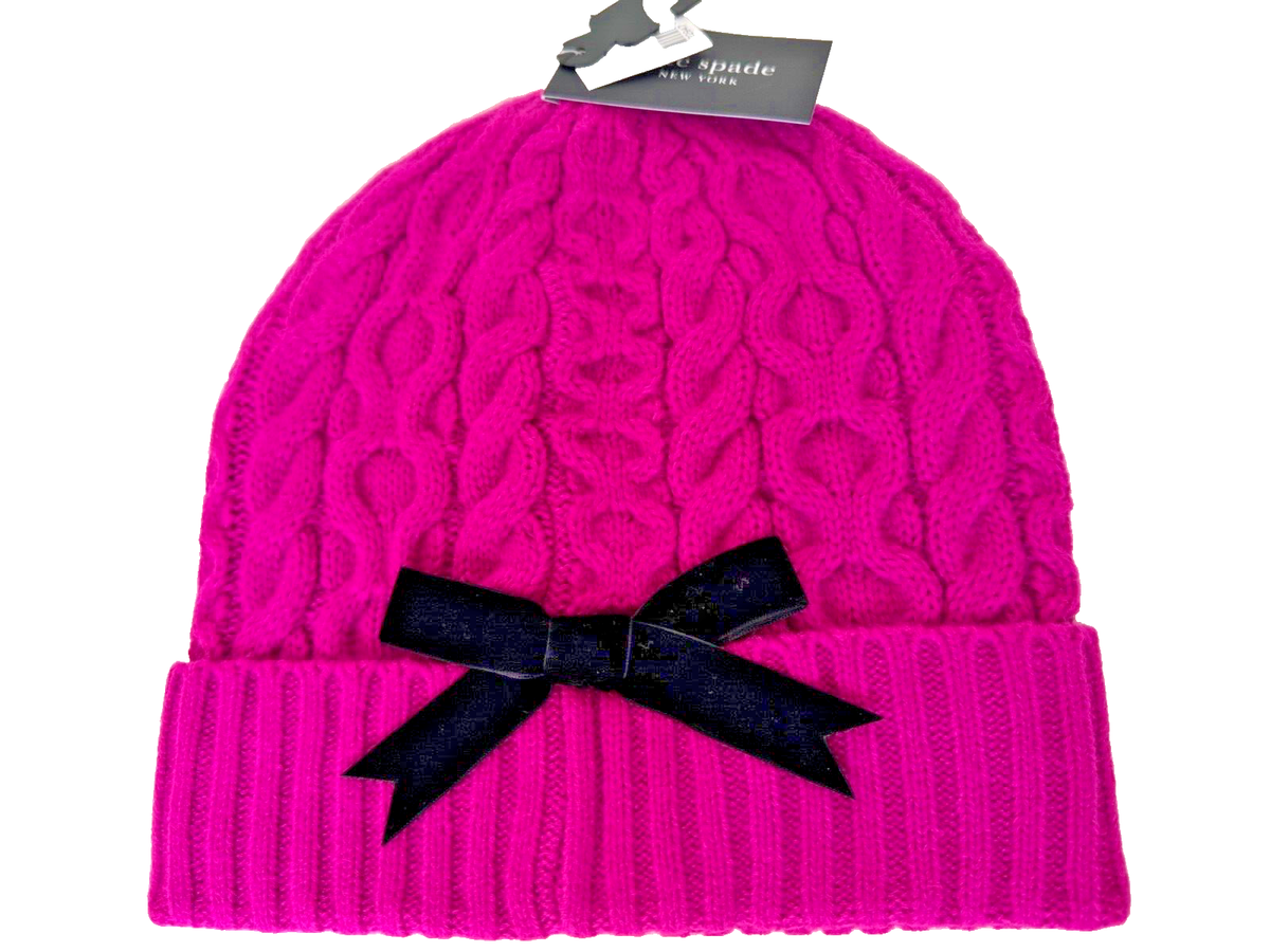 KATE SPADE NEW YORK Cable Knit Black Velvet Bow Beanie  display picture 2