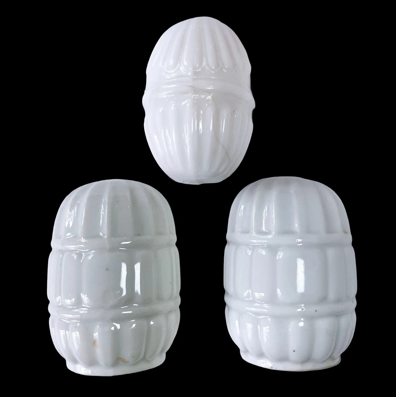 Set of 3 Vintage White Milk Glass Bird Cage Feeders Seed Water Cups JAPAN Ribbed