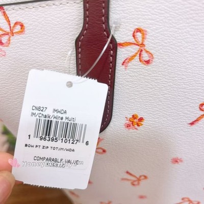 Coach CN627 Zip Top Tote With Bow Tie Print Chalk/ Wine Burgundy