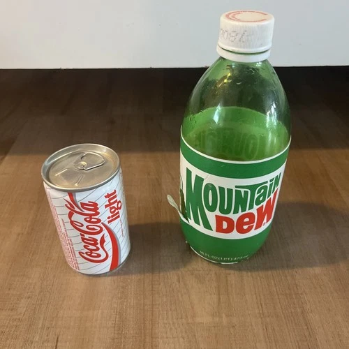 Vintage Mountain Dew Foam Styrofoam Label 16oz Bottle 80s + Coca Cola Light Can