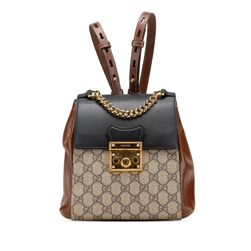 Gucci GG Supreme Padlock Backpack 498194 Brown Black Beige PVC Leather Ladies GU