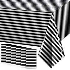 Tranqun 6 Pieces Black and White Plastic Stripe Tablecloth, 54 x 108 Inch Tab...