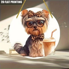 1pc Retro Round Aluminum Wall Art - Mini Yorkshire Terrier Dog with Leopard Bowt