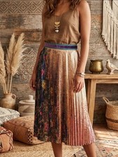 932 Anthropologie Maeve Metallic Printed Pleated Midi Skirt Floral Split Panel