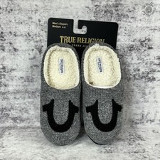 NWT True Religion Men's Slippers Medium 9-10 Gray Sherpa Lined Logo