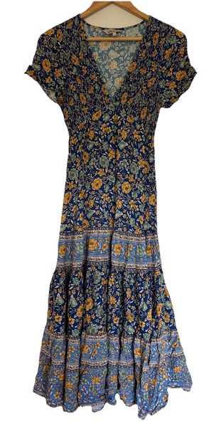 Arnhem Ladies Dress Size 6 Blue Floral Midi V-neck Boho Short Sleeve Tiered