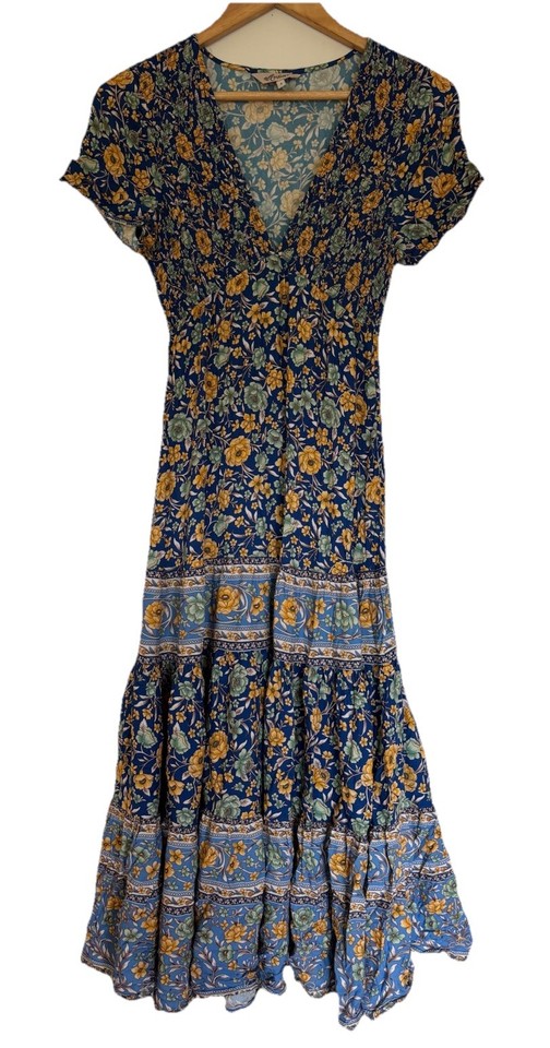 Arnhem Ladies Dress Size 6 Blue Floral Midi V-neck Boho Short Sleeve Tiered