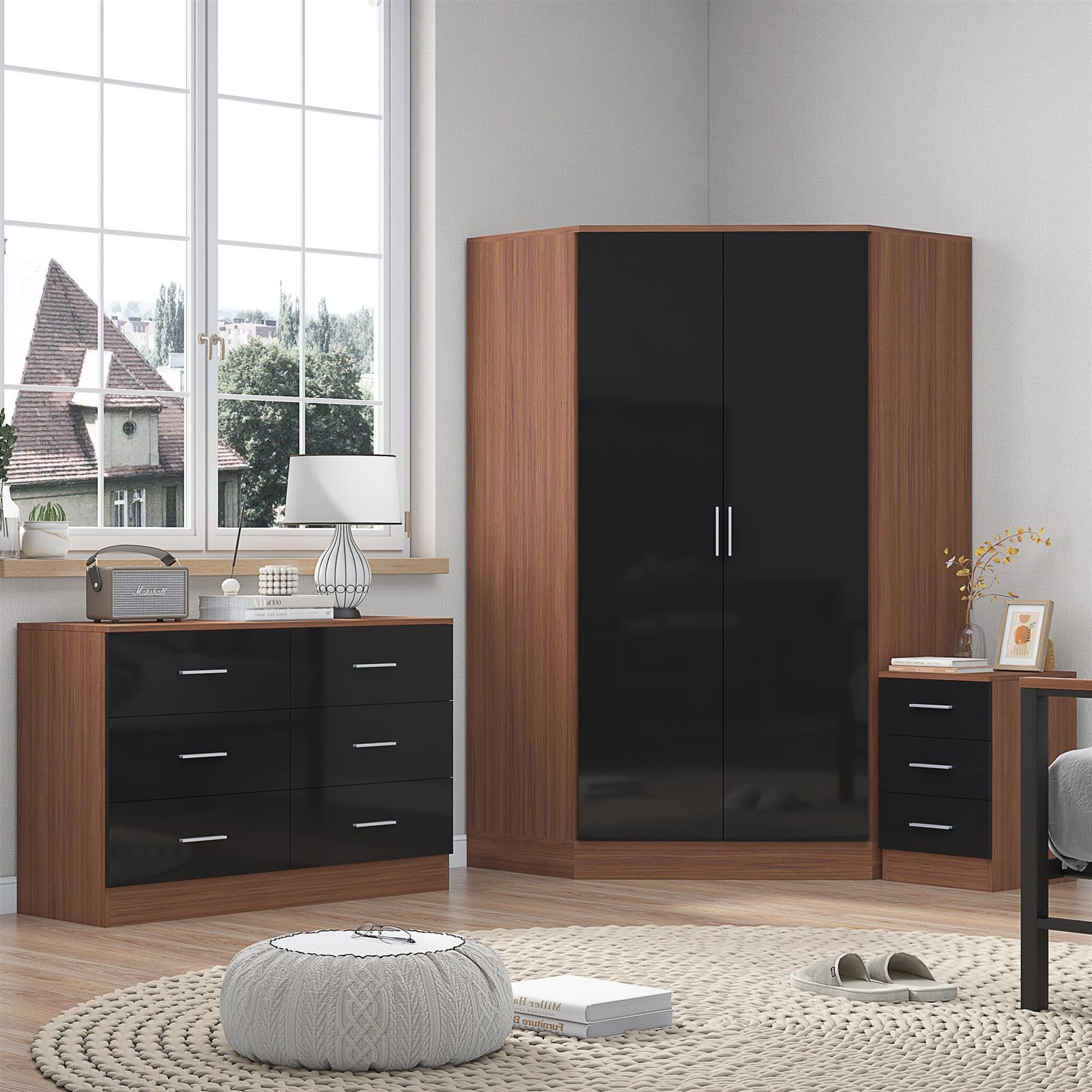 REFLECT Furniture - Corner Wardrobe + Chest + Bedside - Black/Walnut
