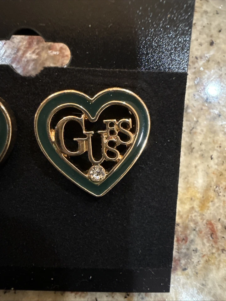 Guess Jewelry Gold Stud Earrings Heart Shape Emerald Green Enamel  - Image 2 of 3