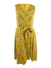 Calvin Klein Women's Printed Ruffed Tie-Front Sleeveless Dress (12, Ochre Multi)