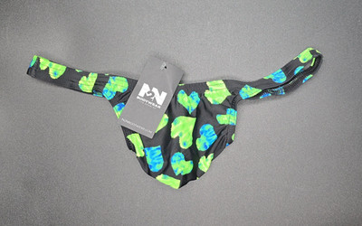 N2N Bodywear Men's 'Night Heart' Swim Thong, Size L Green Black - NWT