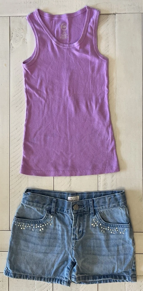 Pantalones cortos de jean 4 piezas para niñas y niños talla 10 con camiseta sin mangas púrpura talla 10/12 Foto 3 de 4