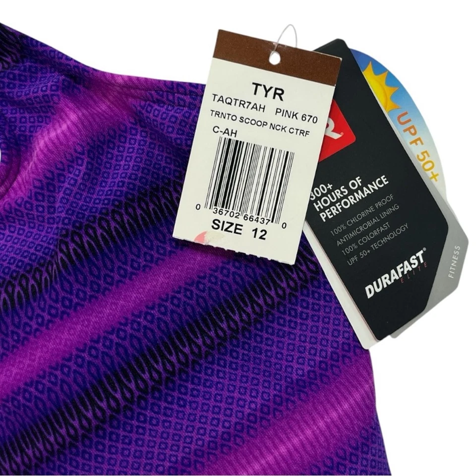 NWT TYR Tramonto Scoop Neck Controlfit Swimsuit size 12 in Purple/Navy - Image 3 of 4