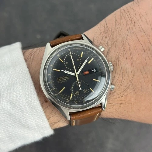 Rare Seiko 6138-8020 Automatic Chronograph Black Dial Day Date Vintage Watch