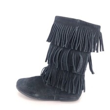 Minnetonka 1637 3-Layer Fringe Calf High Moccasin Boots Womens Size 10 Black