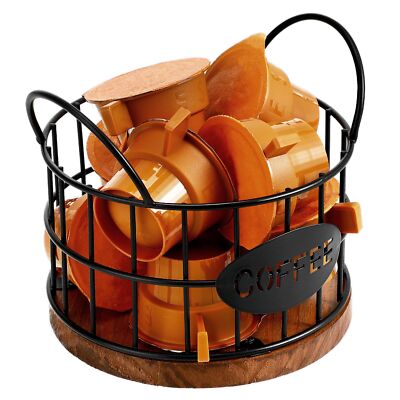 Coffee Pod Holder Wire Basket Wooden Base Counter Storage Home Hotel Bar