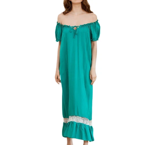 Camisón de mujer princesa manga corta cuello cuadrado algodón suave vestido largo para dormir - Imagen 7 de 34