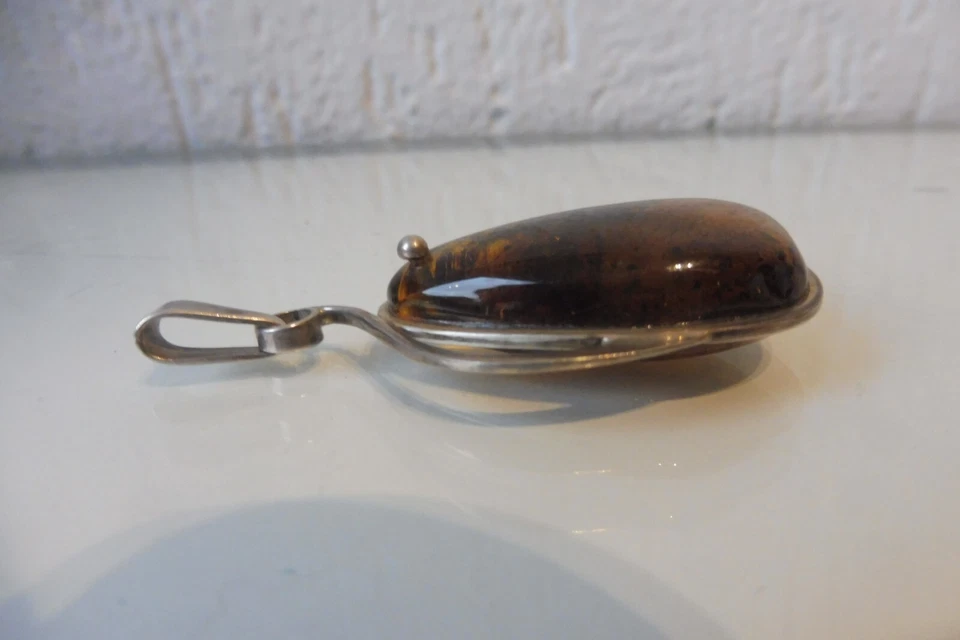 Ciondolo 925 Argento Con Grande Ambra, Bello, Vecchio Ciondolo, 6cm - Immagine 2 di 4
