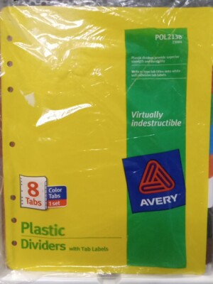 Avery 8Tab PLASTIC Notebook DIVIDERS color WRITE ON LABELS AVE23084 heavy duty