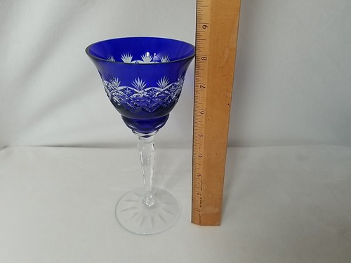 Bohemian Crystal Cobalt Blue TALL Wine goblet Glass Cut to Clear 8.25” - Picture 4 of 7