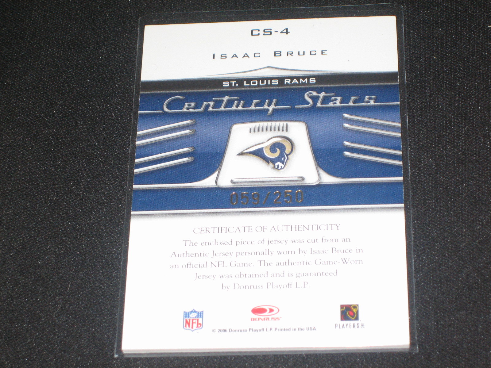 ISAAC BRUCE RAMS LEGEND AUTHENTIC EVENT GAME USED JERSEY FOOTBALL CARD /250 view 2