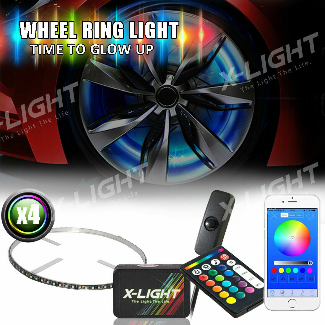 4 LED Wheel Ring Lights Ip68 Pro RGB Color Chaning Bluetooth & Remote