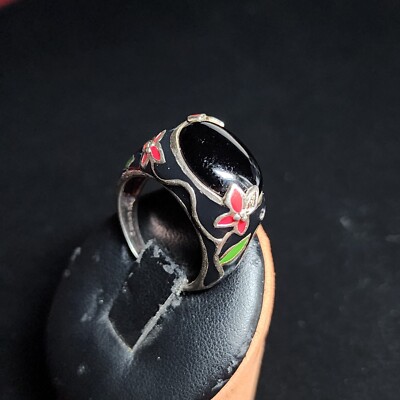 David Sigal Sterling Silver and Enamel Floral Ring Sz See Desc