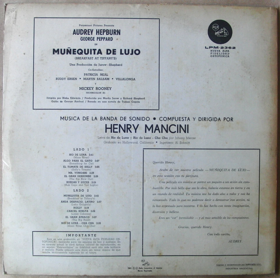 AUDREY HEPBURN Breakfast At Tiffany's OST Top Rare ED. LP 1961 Muñequita de Lujo - Image 2 of 4