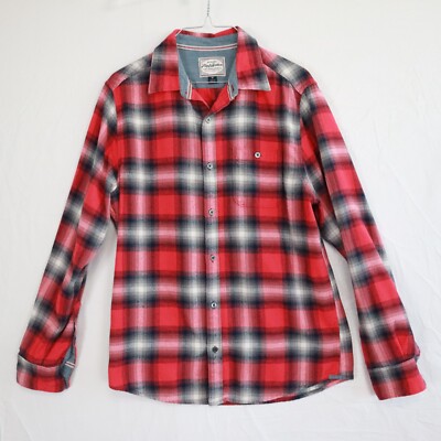 Flag & Anthem Flannel Shirt Mens Medium Pocket Button Up Red Plaid Long Sleeve