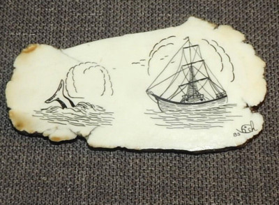 Vintage Japanese Whaling Ship & Whale Sketch Faux Scrimshaw Natural Stone Signed