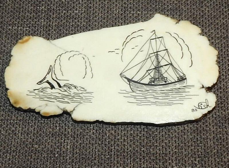 Vintage Japanese Whaling Ship & Whale Sketch Faux Scrimshaw Natural Stone Signed