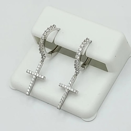 Round Cut Lab Created Diamond Cross Hoop Unisex Earrings 14K White Gold Plated - 第 1/4 張圖片
