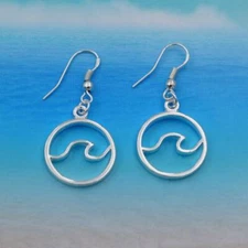 WAVE EARRINGS 0.75" Round Charm Beach Ocean Surf Stainless Steel Ear Wires NEW
