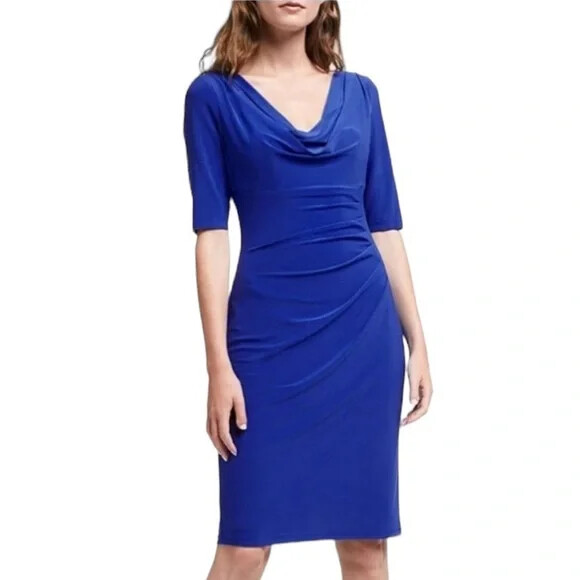 ralph lauren cowl neck jersey dress NWT Carlton Blue Draped Knit Sheath Size 4 Sleeveless