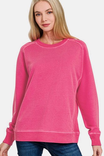 Zenana Plus Pigment Dyed French Terry Round Neck Tunic Sweatshirt in Hot Pink - Picture 8 of 10