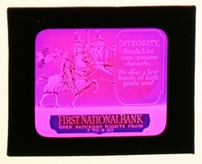 MOVIE THEATER ADVERTISEMENT. FIRST NATIONAL BANK. PHOTO ON GLASS.