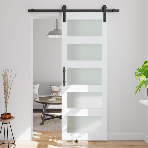 30in x 84in 5-Panel Sliding Glass Barn Door with 5ft Hardware Kit Included, E...