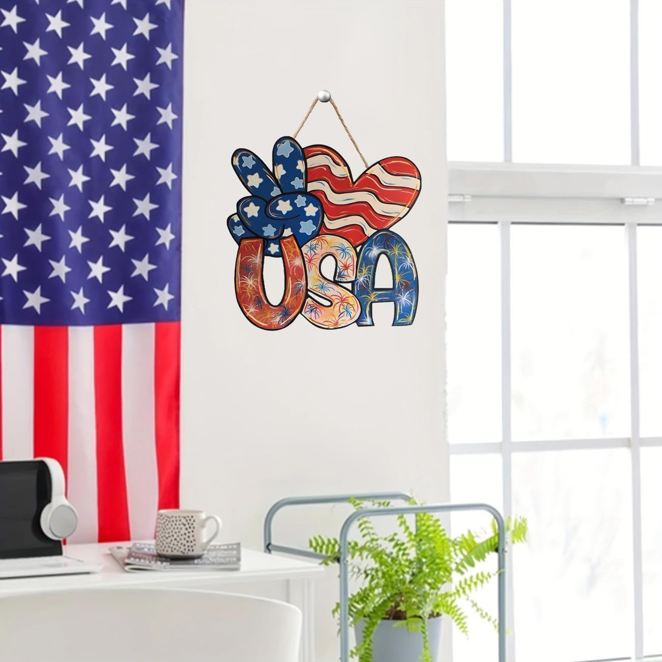 как выглядит 4Th of July Door Wreath Wooden Decorations for Front Door Hanging Sign-Independe фото