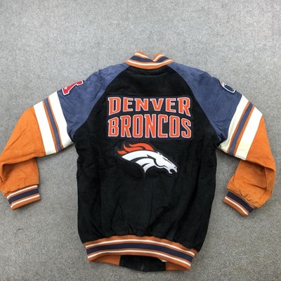 Denver Broncos Jacket Mens Small Black Orange Suede Leather Varsity Snap Bomber