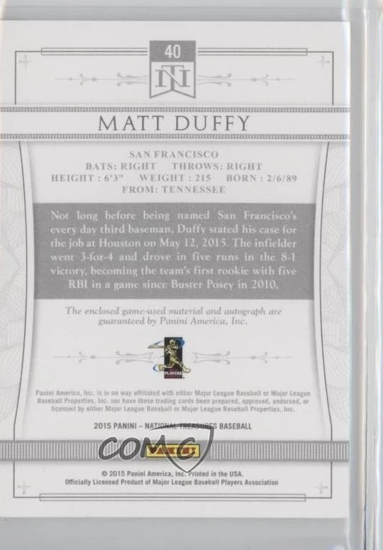 2015 Panini National Treasures Rookie Silhouette Gold /25 Matt Duffy #40 Auto RC - Image 2 of 2