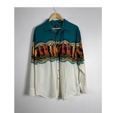 Vintage Panhandle Slim Mens XL Pearl Snap Shirt Teal White Cowboy Boot Print