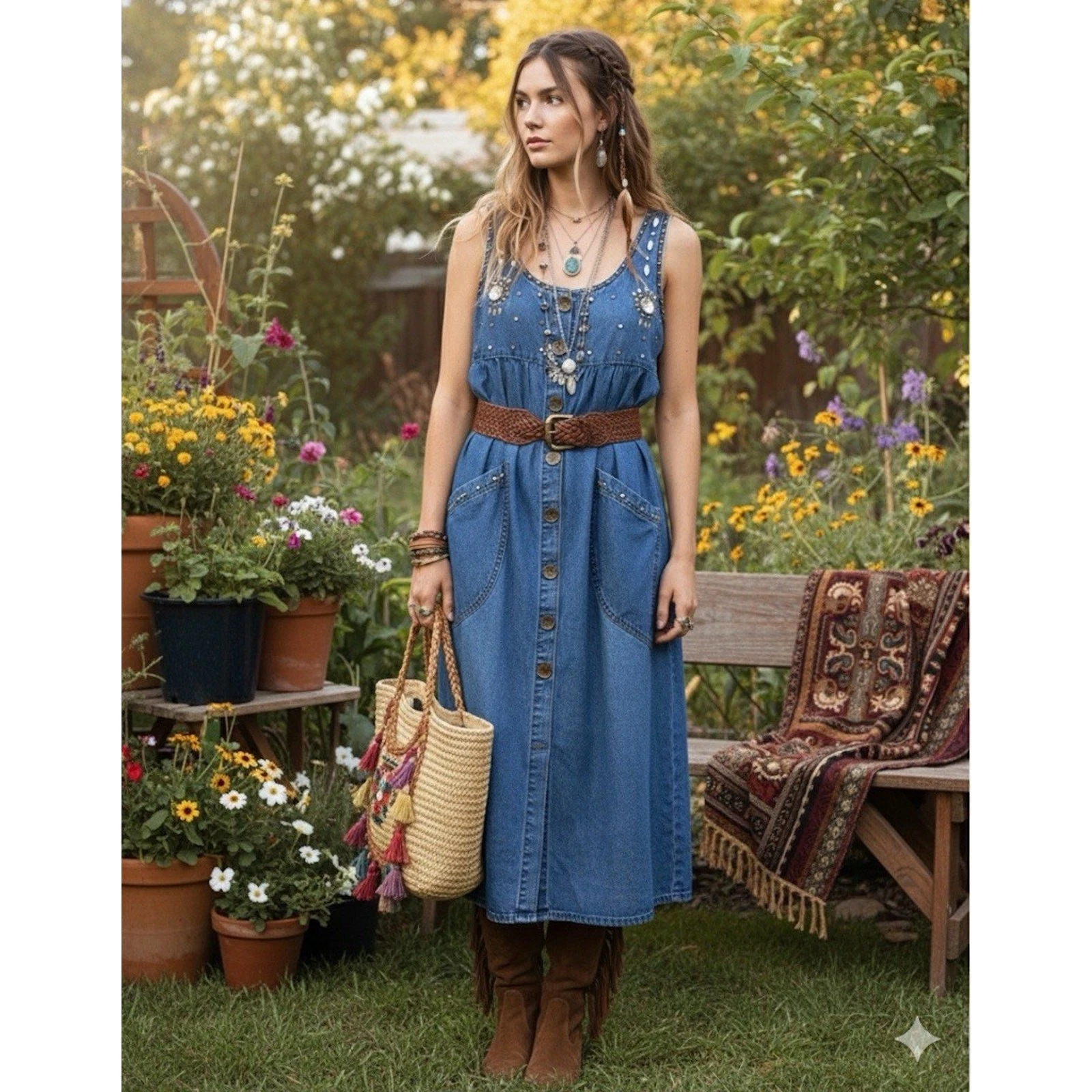 VTG 90s Diva Denim Maxi Overall Dress Jumper Teacher Modest Cottagecore Boho S