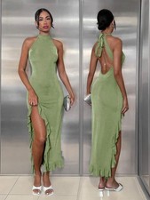 Elegant Halter Maxi Dress Backless Ruffle Bodycon Split Thigh Party Gown