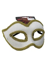 Venetian Decorative Mask Forum Novelties Elastic Strap White Gold Trim Party NEW