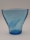 MCM Blenko Mini Blue Crinkle Glass Vase With Applied Leaf