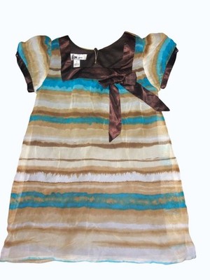 I.N. Girl Tunic Dress Size L Girls Aqua Blue Brown Striped Satin Trim Tie
