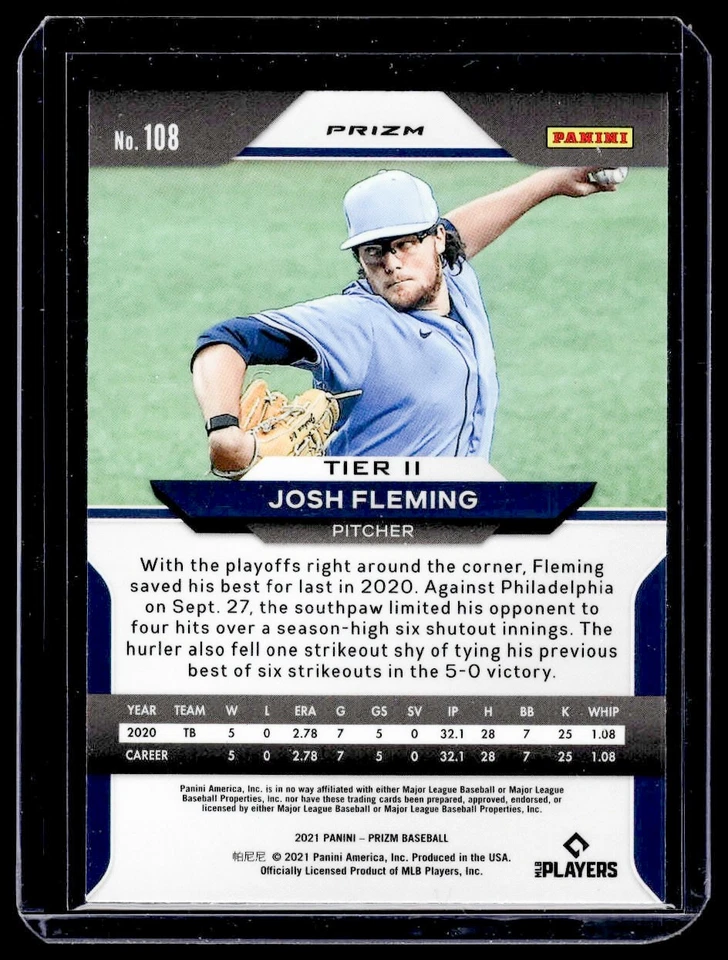 2021 Panini Prizm Josh Fleming RC Red Prizm #108 Tampa Bay Rays - Image 2 of 2