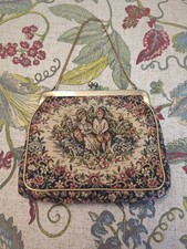 Vintage Tapestry Needlepoint Purse Handbag Floral Gold Chain Couple