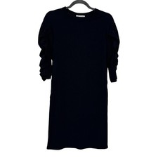 Zara Women's Black Textured Knit Ruffle Short Sleeve Knee Length Dress Small